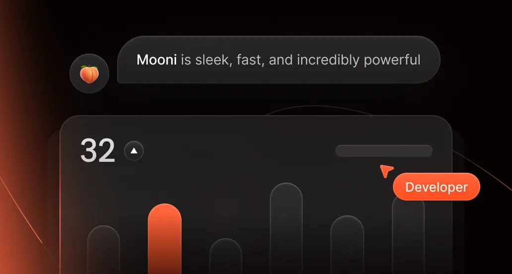 Sleek dark UI showing a bar chart, peach logo, and a speech bubble saying “Mooni is sleek, fast, and incredibly powerful,” with orange labels pointing to elements.